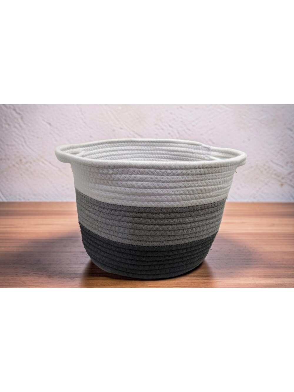 vintage white light gray and dard gray woven rope basket.